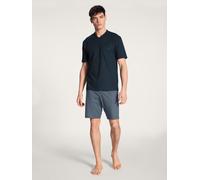 Shorty CALIDA "Relax Imprint", Herren, Gr. S (46/48), blau (schwarz sapphire), Single Jersey, Obermaterial: 100% Baumwolle, unifarben, normal kurz, V-Ausschnitt, Homewear-Sets Shorty, mit aufgesetzer