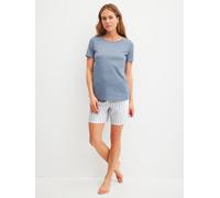 Shorty CALIDA "Striped Dreams", Damen, Gr. XS (36/38), blau (aura blau), Interlock, Obermaterial: 100% Baumwolle, Basic kurz, Rundhals, Homewear-Sets Shorty, weich, Pure Cotton, Kurzarm, Rundhals, Int