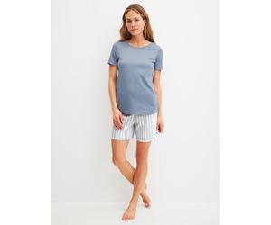 Shorty CALIDA "Striped Dreams", Damen, Gr. XS (36/38), blau (aura blau), Interlock, Obermaterial: 100% Baumwolle, Basic kurz, Rundhals, Homewear-Sets Shorty, weich, Pure Cotton, Kurzarm, Rundhals, Int