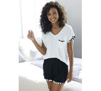 Shorty FRENCH CONNECTION, Damen, Gr. 36/38, schwarz (ecru, schwarz bedruckt), Single Jersey, Obermaterial: 100% Viskose, bedruckt, unifarben, bequem kurz, V-Ausschnitt, angeschnitten Aufschlag kontras