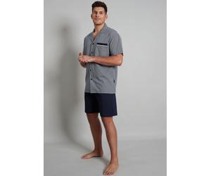 Shorty GÖTZBURG "Brooklyn", Herren, Gr. 50 (M), blau (blau, mittel, minimal), Single Jersey, Obermaterial: 100% Baumwolle, bedruckt, bequem kurz, V-Ausschnitt, Homewear-Sets Shorty, Kurzarm, V-Ausschn