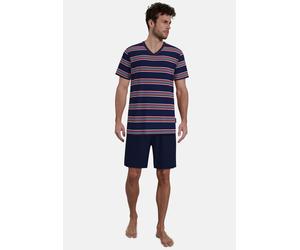 Shorty GÖTZBURG "Glasgow", Herren, Gr. 48, blau, dunkel, ringel, Single Jersey, Obermaterial: 60% Baumwolle, 40% Polyester, bequem kurz, V-Ausschnitt, gerader Abschluss, Homewear-Sets Shorty, gestreif