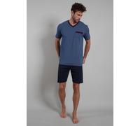 Shorty GÖTZBURG "Manhattan", Herren, Gr. 64 (6XL), blau (blau, dunkel, uni), Single Jersey, Obermaterial: 100% Baumwolle, bedruckt, gemustert, bequem kniefrei, V-Ausschnitt, Homewear-Sets Shorty, Kurz