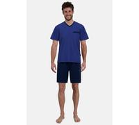 Shorty GÖTZBURG "Waterford", Herren, Gr. 52L, blau (blau, dunkel, allover), Single Jersey, Obermaterial: 60% Baumwolle, 40% Polyester, gepunktet, unifarben, bequem kniefrei, V-Ausschnitt, Homewear-Set