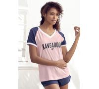 Shorty KANGAROOS, Damen, Gr. 32/34, bunt (rosa, dunkelblau), Single Jersey, Obermaterial: 100% Baumwolle, bedruckt, bequem kurz, V-Ausschnitt, Raglanärmel kontrastfarben, Homewear-Sets Shorty, mit kon