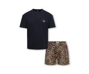 Shorty KIDS ONLY "KOGRILA NIGHTWEAR AOP TOP/SHORTS SET JRS", Kinder, Gr. 158/164, schwarz pack:tee solid, shorts aop leo, Jersey, Obermaterial: 100% Baumwolle, bedruckt, Basic ca. Mitte Oberschenkel,