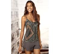 Shorty LASCANA, Damen, Gr. 32/34, braun (braun, gemustert), Single Jersey, Obermaterial: 100% Viskose, gemustert, mehrfarbig, kurz, tiefer V-Ausschnitt, Homewear-Sets Shorty, mit Ethno-Muster (1516430