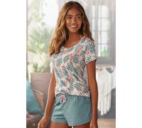 Shorty LASCANA, Damen, Gr. 44/46, grün (jadegrün, bedruckt), Single Jersey, Obermaterial: 100% Baumwolle, bedruckt, Basic, Basic kurz, Rundhals, Homewear-Sets Shorty, mit Palmen-Print (61903854-44) ja