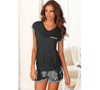 Shorty LASCANA, Damen, Gr. 44/46, schwarz (schwarz, gemustert), Single Jersey, Obermaterial: 100% Viskose, gemustert, unifarben, Basic, bequem kurz, Umschlagsaum, Homewear-Sets Shorty, im Schwarz-Weiß