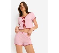 Shorty LSCN BY LASCANA, Damen, Gr. 36/38, rose, Jersey, Obermaterial: 100% Baumwolle, loose fit hüftlang, V-Ausschnitt, eingesetzt Babylock, Homewear-Sets Shorty, Mit Schleifen zum binden (90848530-36