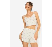 Shorty LSCN BY LASCANA, Damen, Gr. 44/46, ecru bedruckt, Rippware, Obermaterial: 92% Viskose (LENZING™), 8% Elasthan, bedruckt, unifarben, figurbetont taillenlang, tiefer Rundhals, Homewear-Sets Short