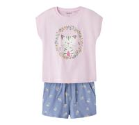 Shorty NAME IT "NMFVIGEA CAPSL TOP SET", Mädchen, Gr. 128, pirouette print:flower cat, Jersey, Obermaterial: 100% Baumwolle, bedruckt, normal kurz, Rundhals, angeschnitten, Homewear-Sets Shorty, beste