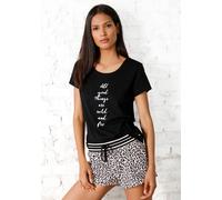 Shorty S.OLIVER, Damen, Gr. 40/42, schwarz (hellrosa, schwarz), Single Jersey, Obermaterial: 100% Baumwolle, Basic, Basic kurz, Rundhals, eingesetzt, Homewear-Sets Shorty, mit Leo-Print (34311718-40)
