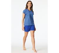Shorty SCHIESSER "Casual Essentials", Damen, Gr. 40, 833, blau, Single Jersey, Obermaterial: 100% Baumwolle, Basic kurz, Rundhals, Homewear-Sets Shorty, mit unifarbenem Shirt und gestreifter Hose (453