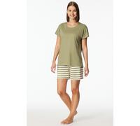 Shorty SCHIESSER "Casual Essentials", Damen, Gr. 44, 705, grün, Single Jersey, Obermaterial: 100% Baumwolle, Basic kurz, Rundhals, Homewear-Sets Shorty, mit unifarbenem Shirt und gestreifter Hose (403