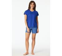 Shorty SCHIESSER "Casual Essentials", Damen, Gr. 46, 819, blau, Single Jersey, Obermaterial: 100% Baumwolle, Basic kurz, Rundhals, Homewear-Sets Shorty, mit unifarbenem Shirt und gestreifter Hose (365