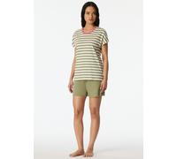 Shorty SCHIESSER "Casual Essentials", Damen, Gr. 48, 108, weiß, Single Jersey, Obermaterial: 100% Baumwolle, Basic kurz, Rundhals, Homewear-Sets Shorty, mit unifarbenem Shirt und gestreifter Hose (196