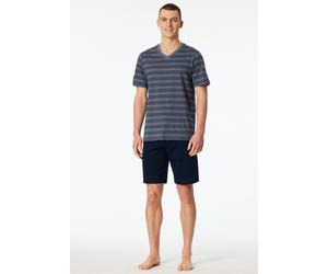 Shorty SCHIESSER "Casual Nightwear", Herren, Gr. 48, 808, blau, Single Jersey, Obermaterial: 100% Baumwolle, bequem kurz, V-Ausschnitt, Homewear-Sets Shorty, mit V-Ausschnitt und kurzem Arm, Oberteil