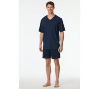 Shorty SCHIESSER "Comfort Essentials", Herren, Gr. 62, blau (804, blau), Single Jersey, Obermaterial: 100% Baumwolle, bequem kurz, V-Ausschnitt, Homewear-Sets Shorty, Brusttasche, V-Ausschnitt, Kurzar