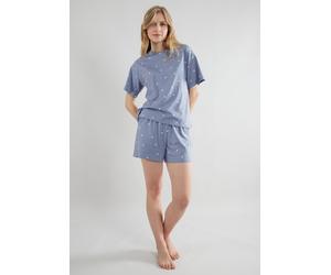 Shorty TOM TAILOR "Charlotte", Damen, Gr. 40L, blau, Single Jersey, Obermaterial: 100% Baumwolle, bequem kurz, Rundhals, Homewear-Sets Shorty, gepunktet, Kurzarm, Rundhalsausschnitt, kurze Hose, femin