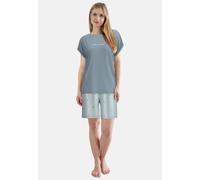 Shorty TOM TAILOR, Damen, Gr. 36, blau (blau, mittel, streifen), Single Jersey, Obermaterial: 95% Baumwolle, 5% Elasthan, bequem kurz, Rundhals, gerader Abschluss, Homewear-Sets Shorty, atmungsaktiv,