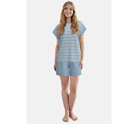 Shorty TOM TAILOR, Damen, Gr. 38, blau (blau, mittel, allover), Single Jersey, Obermaterial: 95% Baumwolle, 5% Elasthan, bequem extrakurz, Rundhals, gerader Abschluss, Homewear-Sets Shorty, Kurzarm, R
