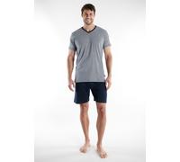 Shorty TOM TAILOR "Nevada", Herren, Gr. 50 (M), blau (blau, dunkel, ringel), Single Jersey, Obermaterial: 100% Baumwolle, gestreift, Basic kurz, V-Ausschnitt, Homewear-Sets Shorty, Streifendesign, Kur