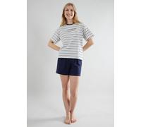 Shorty TOM TAILOR "Zaria", Damen, Gr. 46 (XXXL), blau, Single Jersey, Obermaterial: 95% Baumwolle, 5% Elasthan, bequem kurz, Rundhals, Homewear-Sets Shorty, Streifendesign, Kurzarm, Rundhalsausschnitt