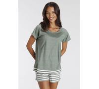 Shorty VIVANCE DREAMS, Damen, Gr. 32/34, grün (khaki geringelt), Single Jersey, Obermaterial: 50% Baumwolle, 50% Polyester, Basic kurz, Rundhals, Raglanärmel, Homewear-Sets Shorty, mit Streifen-Detail