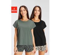 Shorty VIVANCE DREAMS, Damen, Gr. 36/38, bunt (ecru, schwarz, gemustert schwarz, gemustert), Single Jersey, Obermaterial: 100% Baumwolle, animal-print, Basic, loose fit kurz, Rundhals, angeschnitten a