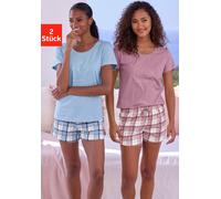 Shorty VIVANCE DREAMS, Damen, Gr. 40/42, blau und mauve kariert, Single Jersey, Obermaterial: 100% Baumwolle, kariert, Basic, Basic kurz, Rundhals, eingesetzt, Homewear-Sets Shorty, mit karierter Pyja