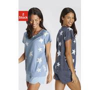 Shorty VIVANCE DREAMS, Damen, Gr. 56/58, blau (hellblau, marine, sterne), Single Jersey, Obermaterial: 50% Baumwolle, 50% Polyester, Basic kurz, Rundhals, Raglanärmel, Homewear-Sets Shorty, in meliert