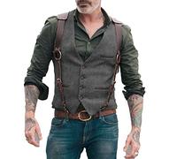 SHOUJIQQ Herren Anzugweste Formelle Weste - V-Ausschnitt Herringbone Tweed Retro Anzugweste Steampunk-Stil Einreiher Weste Für Herren Hochzeit Jacken Kleidung, Dunkelgrau,Medium