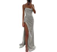 Shoulder Abendkleid Damen Lang Glitzer Kleid Abendkleider Elegant für Hochzeit Sexy A Linie Paillettenkleid mit Schlitz Mode Abendkleider Lässig Locker Partykleid Hochzeit