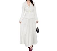 shownicer 2-teiliges Set Damen Business Anzug mit Revers und Plissee Maxirock mit Gürtel Damenrock Set Blazer mit V-Ausschnitt und Maxi Plissee Rock Sets A Weiß XXL