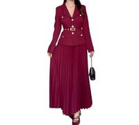 shownicer 2-teiliges Set Damen Business Anzug mit Revers und Plissee Maxirock mit Gürtel Damenrock Set Blazer mit V-Ausschnitt und Maxi Plissee Rock Sets A Weinrot L