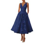 shownicer Abendkleid Damen Elegante Ärmellos V-Ausschnitt Midikleid Blume Cocktailkleid Partykleid Festlich Kleid A Marine XL