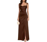 shownicer Abendkleid Damen Lang Elegant Abendkleider Satin Neckholder Kleid Hochzeitsgast Mit Schlitz Ballkleider Brautjungfernkleid A Kaffee 50