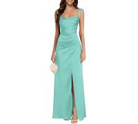 shownicer Abendkleid Damen Lang Elegant Abendkleider Satin Neckholder Kleid Hochzeitsgast Mit Schlitz Ballkleider Brautjungfernkleid A Grün3 46