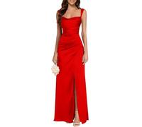 shownicer Abendkleid Damen Lang Elegant Abendkleider Satin Neckholder Kleid Hochzeitsgast Mit Schlitz Ballkleider Brautjungfernkleid A Rot 40