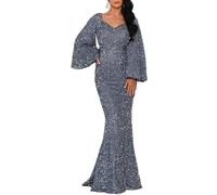 shownicer Abendkleid Langer Damen Elegant Glänzend Pailletten Kleider Langarm V-Ausschnitt Maxi Kleid Schlitz Ballkleid Festlich Hochzeitsgäste A Silber L