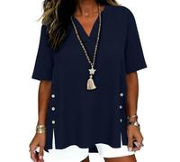shownicer Bluse Damen 3/4 Arm Sommer Leinenbluse Elegant Leinenhemd Oversized Hemdbluse Tunika B Marine XL