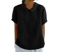 shownicer Bluse Damen Sommer Elegant Leinenbluse Einfarbig Blusenshirt Kurzarm Revers Rundhals Leinenhemd Oberteile Lose Vintage Freizeithemd Blusehemd Blusentop Tunika Tops A Schwarz XXL