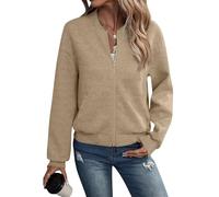 shownicer Bomberjacke Damen Baseball Kragen Jacken Casual Stricken Jacke Fliegerjacke Blouson Mantel Leichte Herbst Pilotenjacke Langarm Übergangsjacke Freizeitjacke mit Taschen A Aprikose L