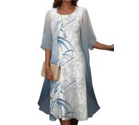 shownicer Chiffonkleid Set Damen Elegant Lang Blumendruck Abendkleid Sommer Rundhals Knielang Zweiteiler Tüll Cardigan Cocktailkleid B Blau XL