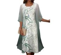 shownicer Chiffonkleid Set Damen Elegant Lang Blumendruck Abendkleid Sommer Rundhals Knielang Zweiteiler Tüll Cardigan Cocktailkleid B Grün L