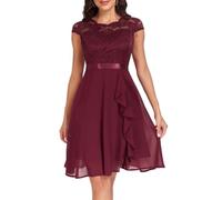 shownicer Cocktailkleid Damen Elegant Chiffon Abendkleid Kurzarm Spitze Rüschen Chiffonkleid Festlich Hochzeit Kurz Abendkleider A Rot M