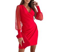 shownicer Damen Abendkleider Elegant für Hochzeit Glitzer Cocktailkleid Knielang A-Line Dünner Langarm Festliche Kleid A Rot XL