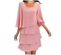 shownicer Damen Cocktailkleid Elegant Chiffon Rundhals 3/4 Ärmel Minikleid Freizeitkleid Festlich Kleid A Rosa L