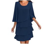 shownicer Damen Cocktailkleid Elegant Chiffon Rundhals 3/4 Ärmel Minikleid Freizeitkleid Festlich Kleid A Marine XL